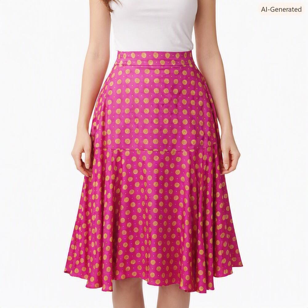 VTG Agatha Brown Pink Yellow Polka Dot 100% Silk Skirt Sz 12 Colorful Maximal